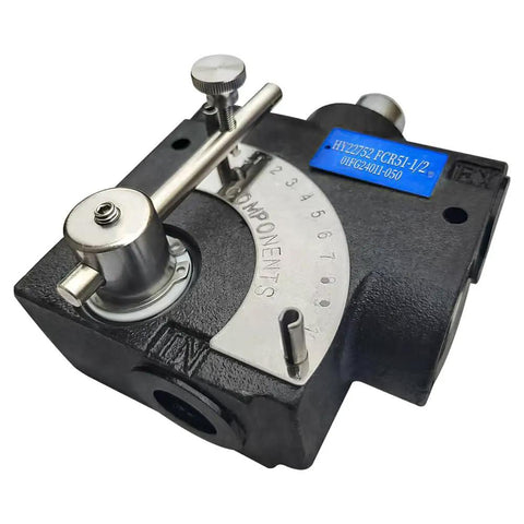 Pressure Compensating Variable Hydraulic Flow Control Valve With Relief, 1/2 Inch NPT Port, Adjustable Flow Rate 0-16 GPM