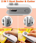 2 In 1 Mini Bag Sealer with Cutter and Magnetic Resealer in use, sealing and opening bags, portable snack and food storage device.