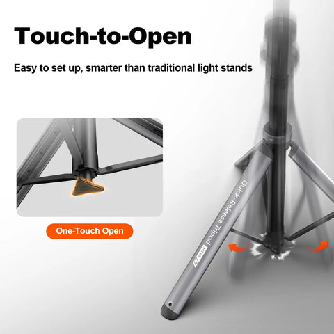 Auto Open 83.4 Inch Light Stand with Quick Release Ball Head demonstrating touch-to-open feature and stability on floor.
