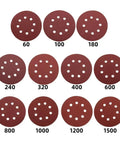 Ultra Smooth 5 Inch Sanding Discs With Hooks For Orbital Sanders, showing grit numbers 60 to 1500, featuring 8 holes for dust suction.