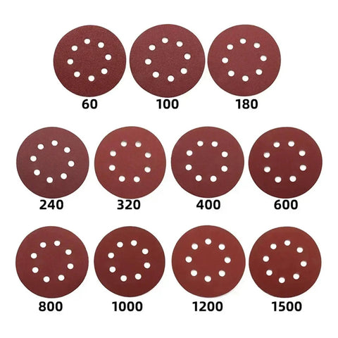 Ultra Smooth 5 Inch Sanding Discs With Hooks For Orbital Sanders, showing grit numbers 60 to 1500, featuring 8 holes for dust suction.