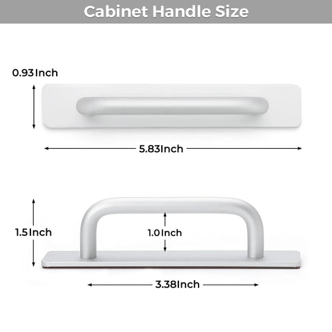 Two Pack 5.83 Inch Adhesive Cabinet Handles dimension guide for drawers, wardrobes, and sliding doors in silver zinc alloy finish