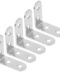 16 Piece Heavy Duty Steel Angle Bracket Set For Furniture Repair Right Angle Corner Supports With Screws For Tables Chairs Cabinets And Shelves Built Tough Easy Install, showing five silver brackets aligned
