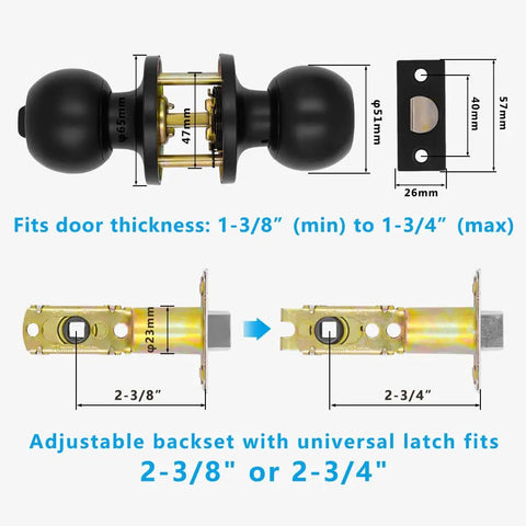 Matte Black Privacy Door Knobs 12 Pack With 12 Door Stoppers, keyless interior, dimensions and latch guide, fits standard doors.