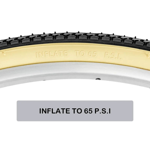 Close-up of tire sidewall showing 'INFLATE TO 65 P.S.I.' on 26x1 3/8 tire for vintage bikes, part of Two Pack 26 By 1 And Three Eighths Inch Folding Bike Tires With Inner Tubes And Tire Levers For Vintage Urban Bicycles Schrader Valve ETRTO 37 590 Mm Replacement Set Classic Retro Look Ready To Roll.