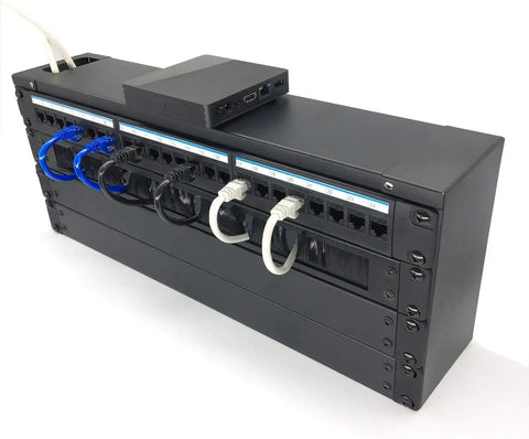 4 Pack 1U Brush Panels For 19 Inch Server Rack showing network cables organized in a heavy-duty steel frame.