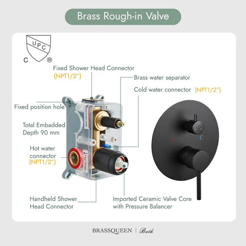 Brass rough-in valve with imported ceramic core and pressure balancer for Matte Black Tub Spout With Handheld Sprayer Shower System.