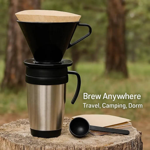 Outdoor setup of Single Cup Pour Over Coffee Dripper With Scoop And Ten Filters, Cone Size Two Manual Brewer on a mug