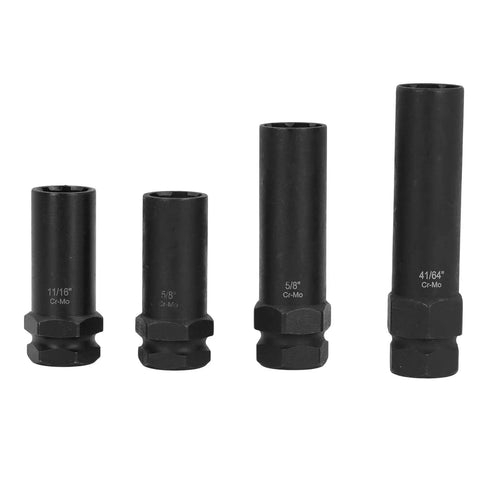 Thin Walled Cr Mo Steel Lug Nut Socket Set with Spline Lug Nut Keys, 4 sockets, sizes 11/16, 5/8, 5/8, 41/64 inches