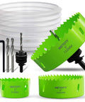 Hole saw kit by METOTY; bi-metal 2-inch, 4-inch, 6-inch green saws with drill bits and arbors, front view