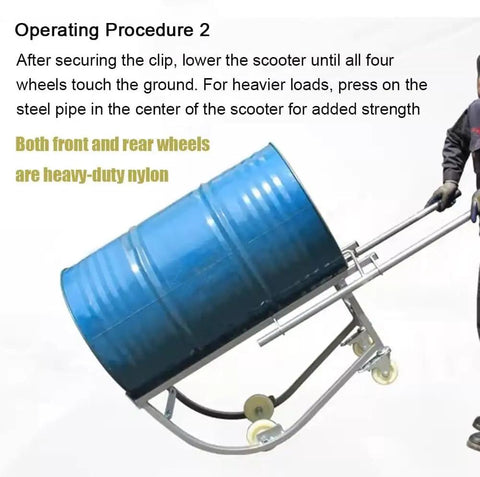 Heavy Duty Mobile Drum Cradle With Swivel Casters And An Iron Grade Rolling Barrel Dolly tipping a blue 55-gallon drum.