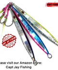 Hella Badass Saltwater Jigging Lures Set Of Three 150 Gram Speed Vertical Slow Pitch Artificial Bait Multi Color Metal Fishing Plugs showing colorful jigs with hooks.