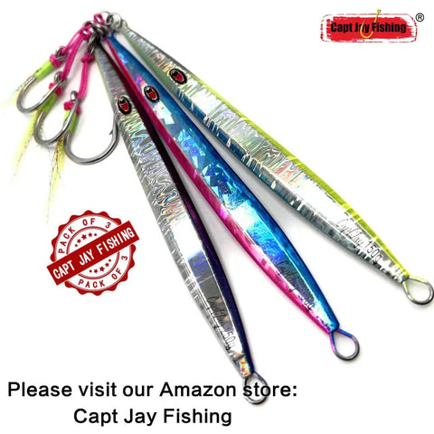 Hella Badass Saltwater Jigging Lures Set Of Three 150 Gram Speed Vertical Slow Pitch Artificial Bait Multi Color Metal Fishing Plugs showing colorful jigs with hooks.