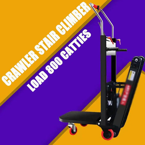 Heavy Duty Electric Stair Climber Cart That Lets You Haul Like A Boss While Saving Your Back And Keeping Things Totally Upright For Easy Moving Up Or Down Any Flight Of Stairs Today, crawler stair climber, 800 lb capacity, black steel frame.