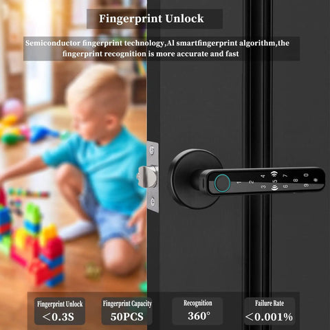 Biometric Keyless Entry Lock With Passcode And Remote Code Sharing For Home And Short Term Rentals, Five Ways To Unlock Including Fingerprint Sensor, Keypad, And Temporary Access Codes displayed on a door with a child playing in the background.