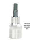 Close-up of a hex socket with straight knurling, part of All In One Allen Socket Set 26 Piece For SAE And Metric Sizes.