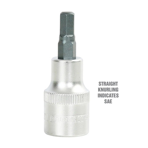 Close-up of a hex socket with straight knurling, part of All In One Allen Socket Set 26 Piece For SAE And Metric Sizes.