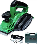 3-1/4 Inch Hand Planer Kit With Kickstand, 5.5 Amp Motor Powers Up To 17,000 RPM, Lightweight At 6.1 Lbs, Max 1/16 Inch Cut Depth, Includes Carrying Case And Box Wrench For Easy On-The-Go Woodworking shown with green casing and accessories