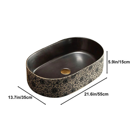 Retro Ceramic Vessel Sink for Bathroom, Oval Above-Counter Wash Vanity Sink with Accessories, 21.6in x 13.7in size.