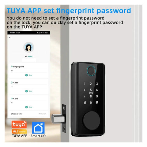 Slick Multi Language Smart Fingerprint Deadbolt Lock With Effortless Tuya App Pairing showcasing keypad and app interface for fingerprint setup.