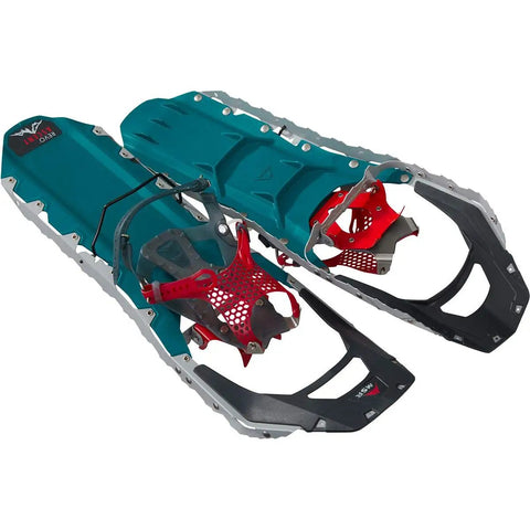 Revo Ascent Women's Backcountry Snowshoes with Paragon Bindings, 22 inch pair, showing steel teeth and bindings for alpine traction.