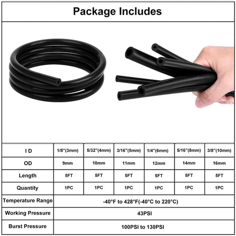 Six Piece Silicone Vacuum Tubing Hose Kit For Automotive Use, Black Flexible Vacuum Hose Set With Six Sizes Coiled and Held
