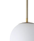 Close-up of Dope White And Brass Modern Globe LED Pendant Light for Kitchen Island, featuring white glass globe and brass rod.