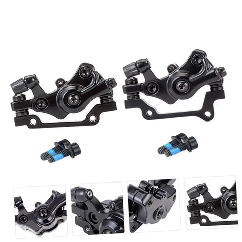 Top Shelf Aluminum Alloy Disc Brake Kit Two Sets Front Rear Mechanical Calipers, black aluminum calipers with mounting screws.