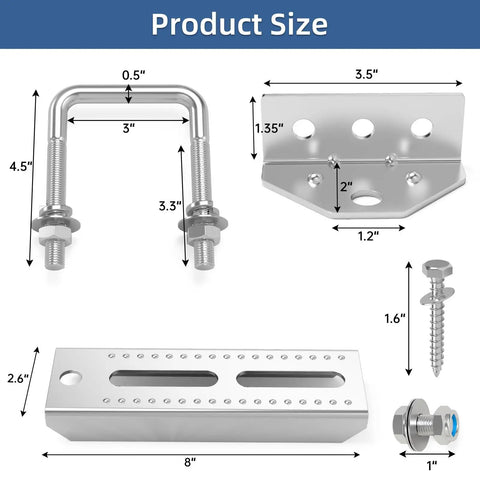 Heavy Duty Boat Trailer Bunk Brackets, 8 Inch Swivel Support Pads dimensions and components layout for assembly.