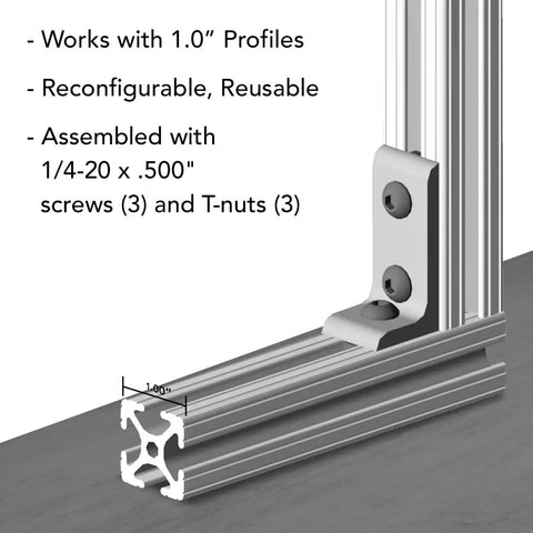Installed 10 Series Aluminum 90 Degree Inside Corner Bracket with Three 0.281 Inch Holes for T Slot Extrusion Projects, clear anodize finish.