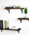 Heavy Duty Shelf Brackets With Hooks Pair Of Rock Solid Black Floating Wall Supports Rust Proof Aluminum Alloy mounted with wooden shelves.
