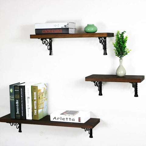 Heavy Duty Shelf Brackets With Hooks Pair Of Rock Solid Black Floating Wall Supports Rust Proof Aluminum Alloy mounted with wooden shelves.