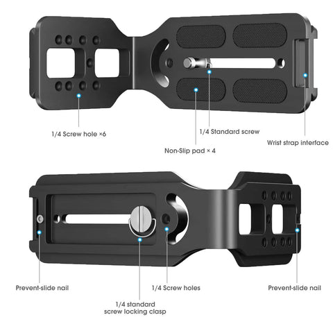 Versatile DSLR L Bracket For Quick Portrait To Landscape Swaps With Quick Release Plate shown with screw holes and non-slip pads