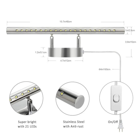 Upgrade Your Bathroom With A Sleek 15.7 Inch Vanity Light Fixture, 5W LED Cool White 6000K, Stainless Steel, Plug-In Design