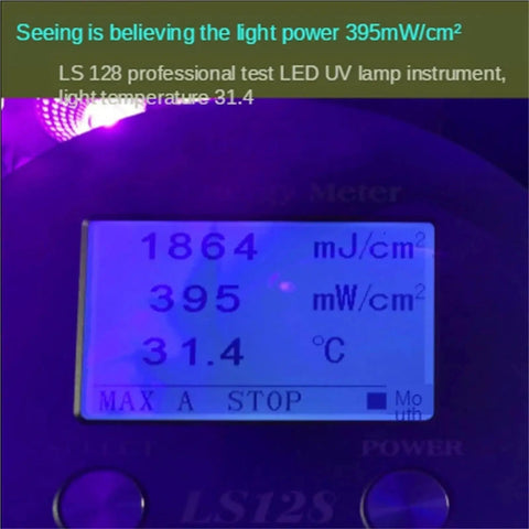 LS128 UV light power meter displaying 395mW/cm² for testing the 3000W Multi Wavelength Uv Curing Lamp For Photopolymer Resin Hardening 3D Printer Gear Knockout Screen Printing Results Hella Tough And Legit Fast Cure Times.