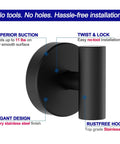 Suction Cup Hooks For Shower And Bathroom With Vacuum Lock Pro Seal Technology, black stainless steel, close-up view