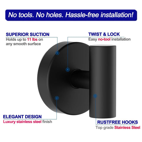 Suction Cup Hooks For Shower And Bathroom With Vacuum Lock Pro Seal Technology, black stainless steel, close-up view