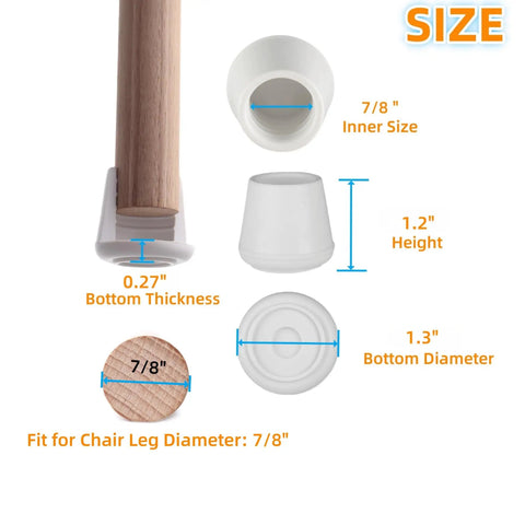 Non Slip Chair Leg Caps Rubber Floor Protectors Round White Set Of 16 Seven Eighths Inch Inner Diameter Thickened Size Diagram