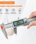 8 Inch Digital Caliper All Metal Frame With Large LCD Readout measuring wooden ball, dual batteries included