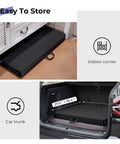 Heavy Duty 6 Foot Folding Table Portable Plastic Fold In Half stored in car trunk and indoor corner with carrying handle visible.