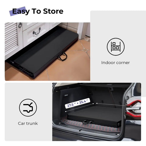 Heavy Duty 6 Foot Folding Table Portable Plastic Fold In Half stored in car trunk and indoor corner with carrying handle visible.