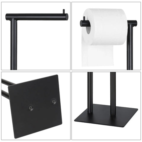 Freestanding Toilet Paper Holder Stand With Storage For Bathroom Black Iron Dispenser showing detail and base design.