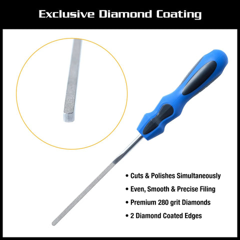 MusicNomad MN830 diamond-coated guitar fret end dressing file (E-File) with blue handle and dual diamond edges.