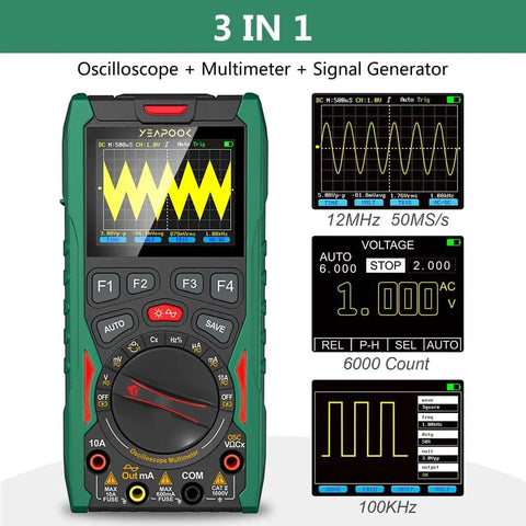 3 In 1 Handheld Oscilloscope Digital Multimeter And Signal Generator Portable Tool With 12 MHz Bandwidth And 50 MSa Per Second Sampling Rate device shown with screen.