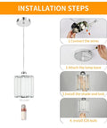 Installation guide for Crystal Pendant Lights Duo Kit For Kitchen Island And Bar, shows steps 1-4 with parts and tools.