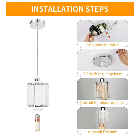 Installation guide for Crystal Pendant Lights Duo Kit For Kitchen Island And Bar, shows steps 1-4 with parts and tools.