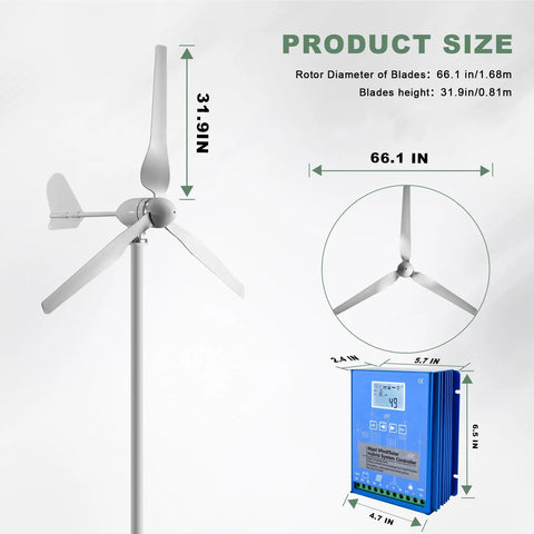 800W 48V Wind Turbine With Hybrid Charge Controller Kit Three Blade Outdoor Wind Power Generator dimensions and features