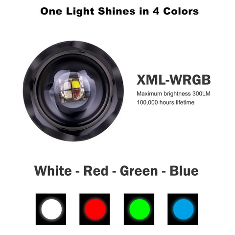 Upgraded Zoomable RGBW Flashlight With Four Color Modes Green Red Blue White Memory for Night Vision optics details