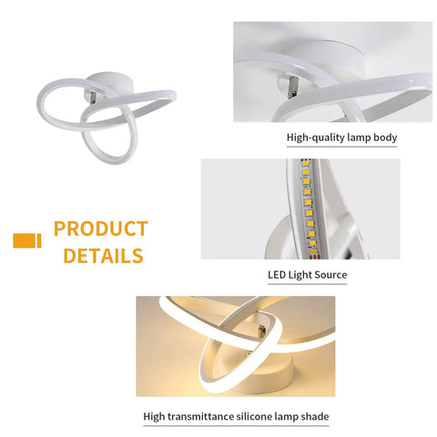 Spiral LED Ceiling Light Fixture, Modern Semi Flush Mount 22W Warm White 3000K, product details and construction