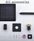 Ceiling Mount Rain Shower System With 10 Inch Square Head Matte Black Finish Rough-In Valve All Metal Construction accessories